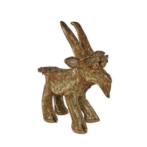 Handcrafted Pottery Goat Figurine With Textured Glaze For Rustic Decor Signed JB - Picture 1 of 8